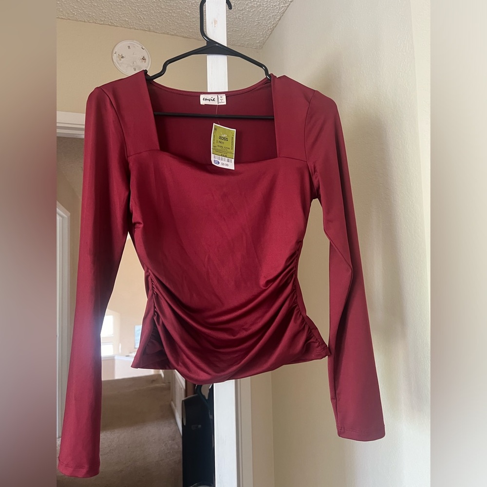 Burgundy Square-Neck Long Sleeve Ruched Top